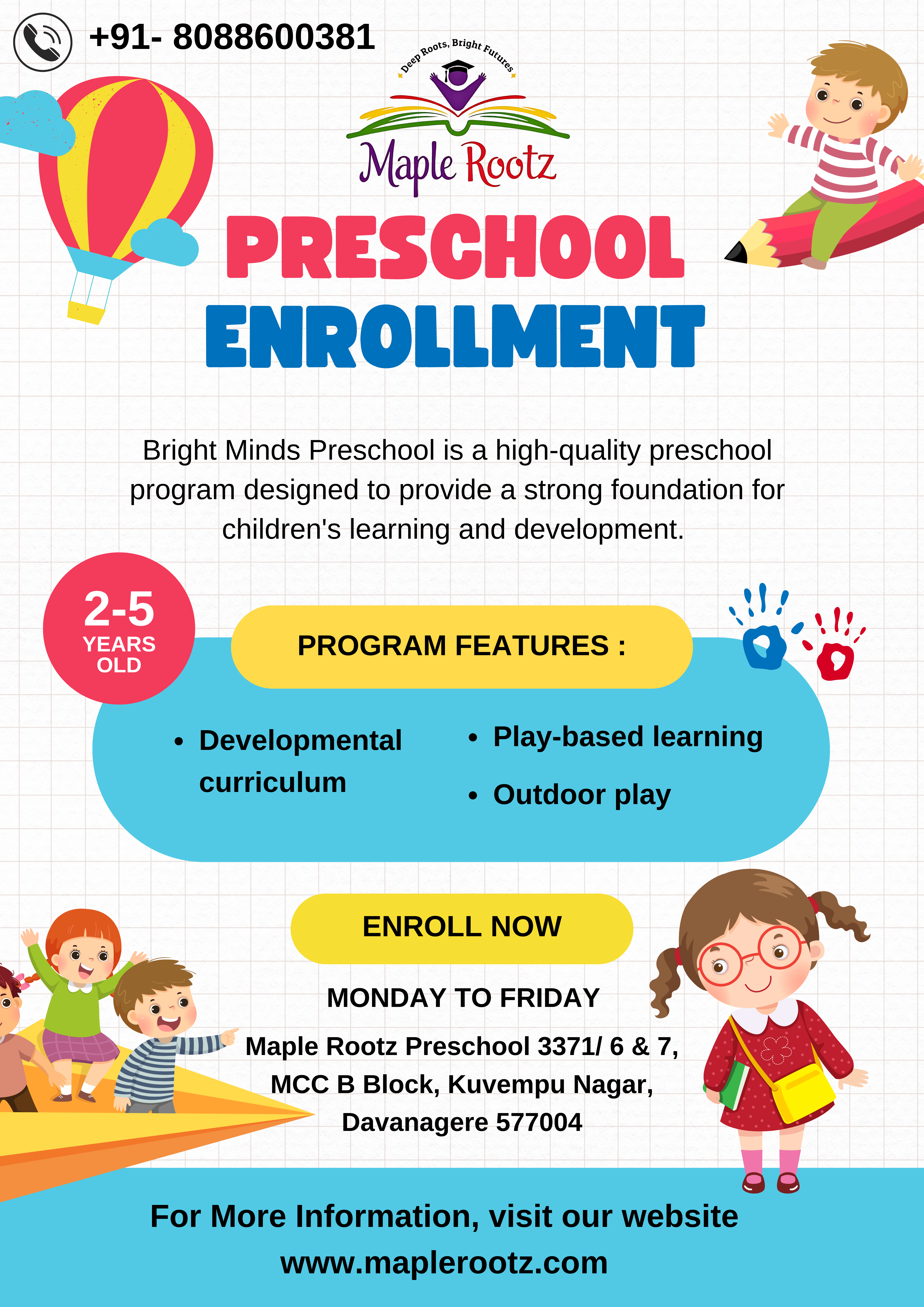 White And Blue Illustrated Preschool Enrollment Flyer